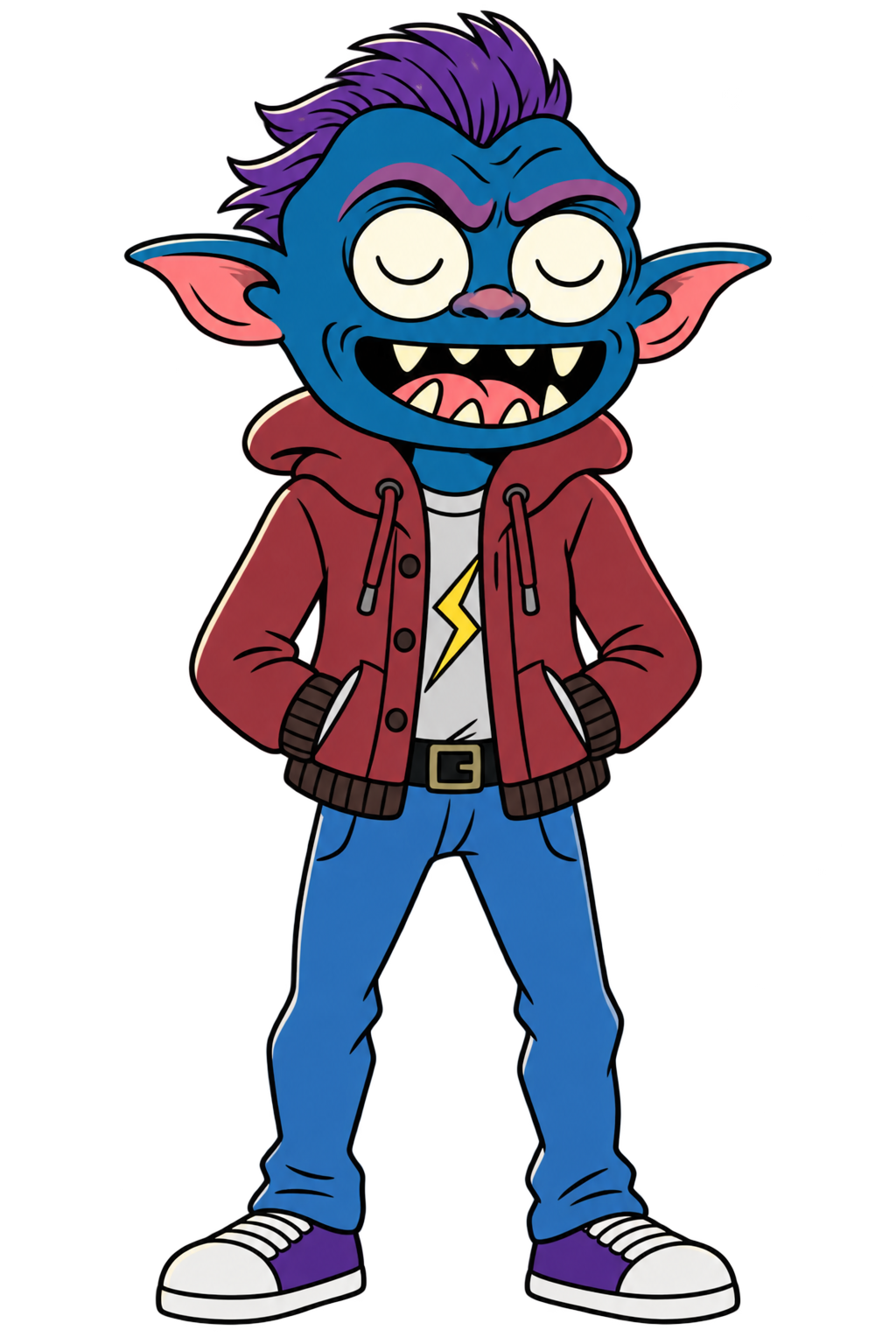 Snide with purple hair, blue skin and a red jacket