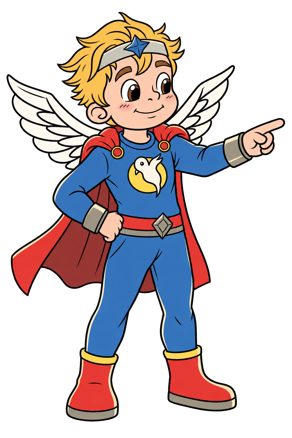 Kindness, the winged superhero, pointing the way